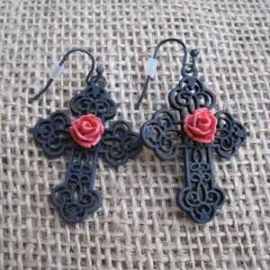 Gothic Rose Cross Dangle Earrings